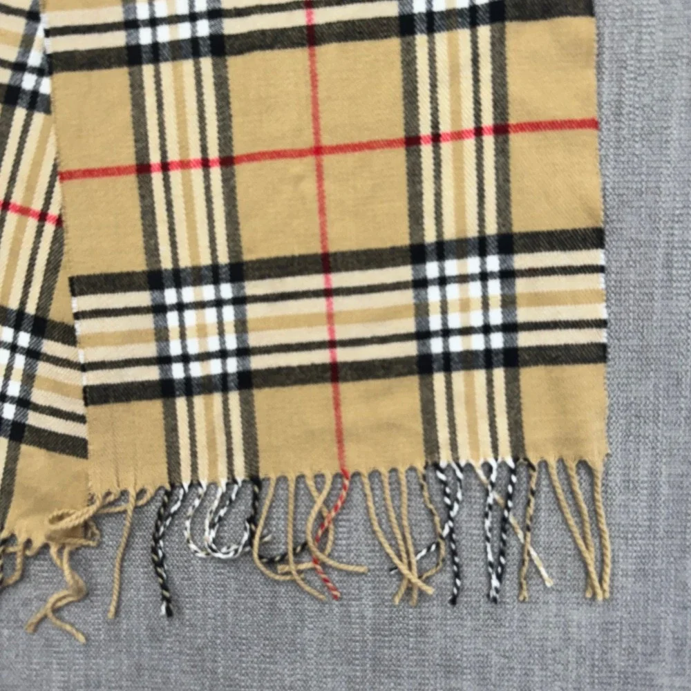 Italy Design Cashmere Blend Scarf Tan Plaid Fringe 20% Cashmere 80% Viscose